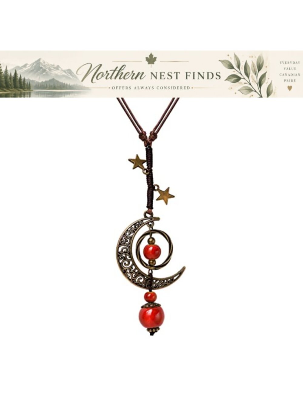 Bohemian Ceramic Beads Lariat Necklace with Moon Stars Pendant Adjustable Cord